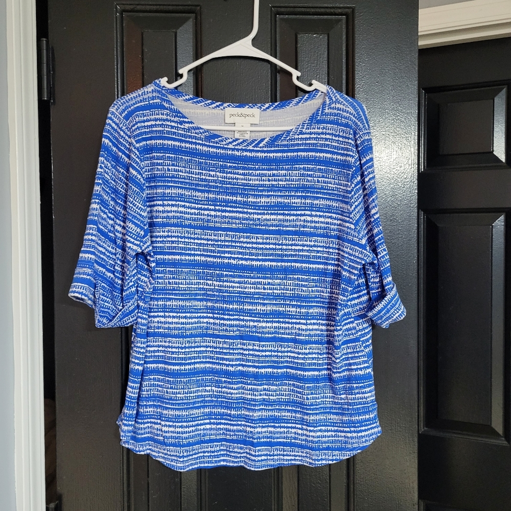 3/4 sleeve  Peck & Peck blue and white shirt blouse soft stretchy cotton